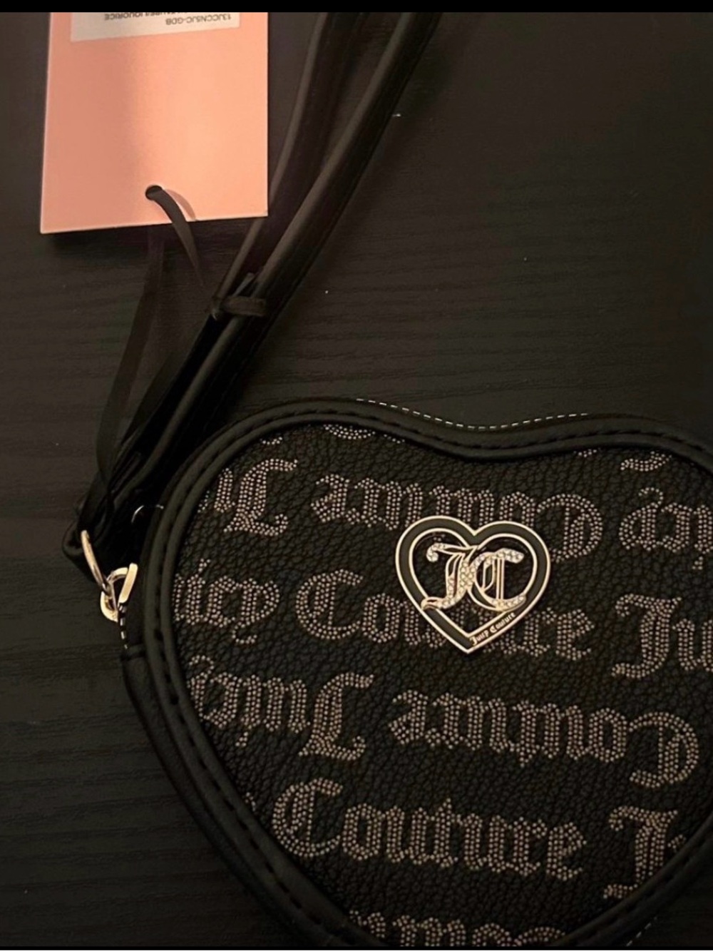 Juicy Couture Heart Shaped Wristlet Pouch Black Taupe Gothic Logo NWT